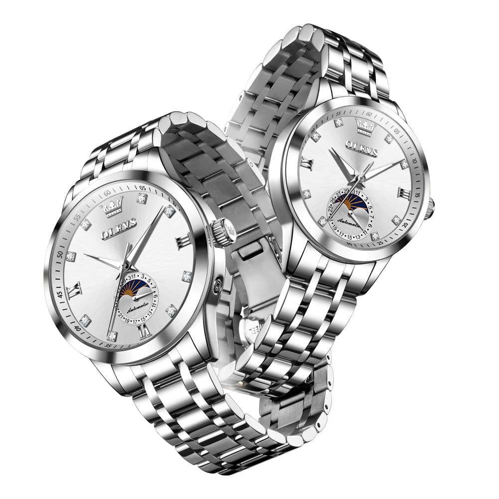 OLEVS 7041 Solid Steel Moon Phase Couples Watch Set
