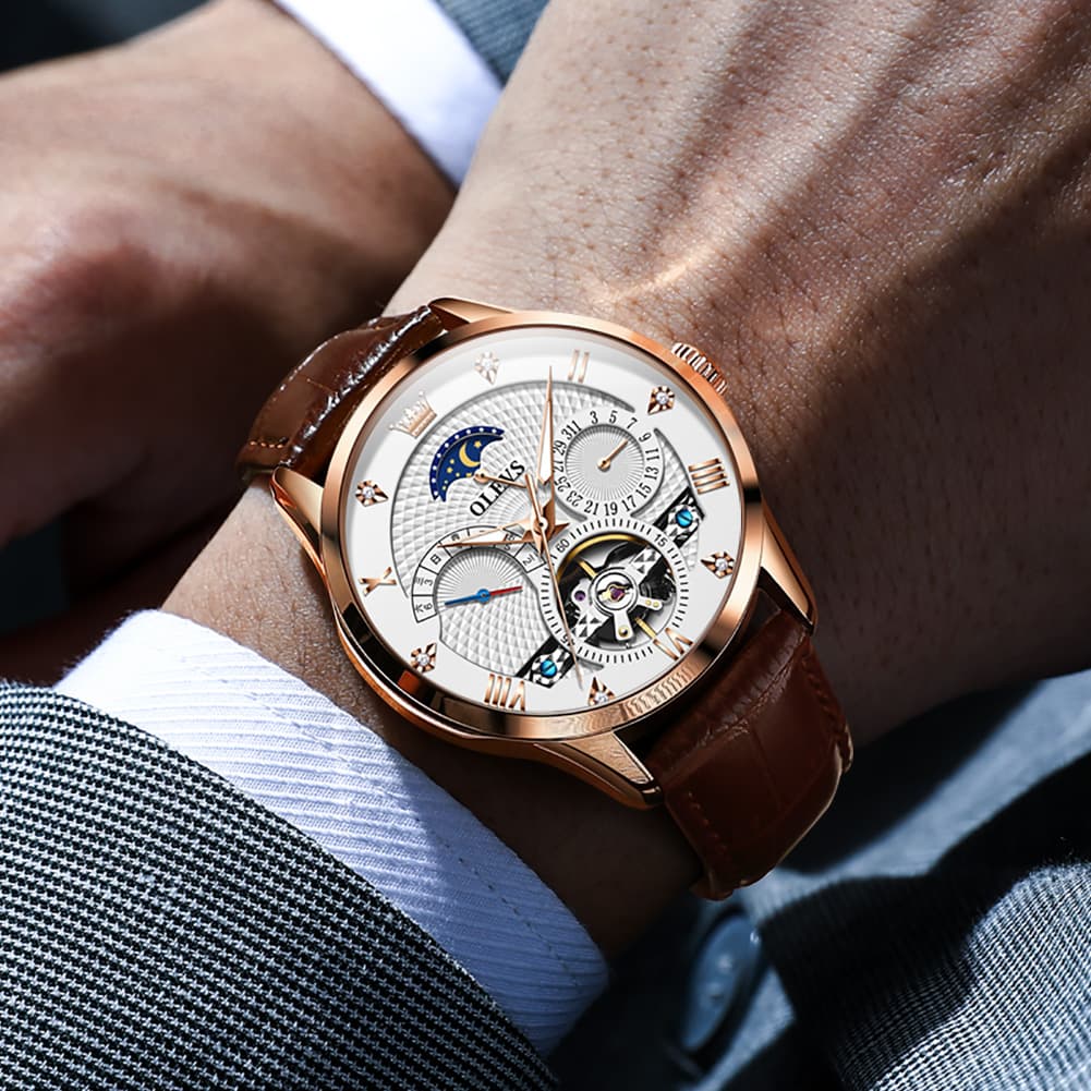 OLEVS 6652 Leather Mechanical Moon Phase Watch for Men