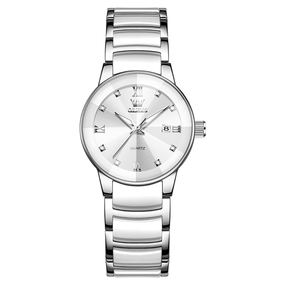 OLEVS 7114 Ceramic Link Watch Couple Date Diamond Accent Quartz Luxury Timepiece for Men and Women
