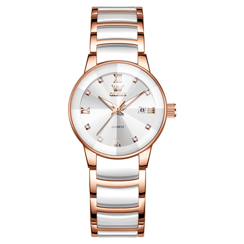 OLEVS 7114 Ceramic Link Watch Couple Date Diamond Accent Quartz Luxury Timepiece for Men and Women