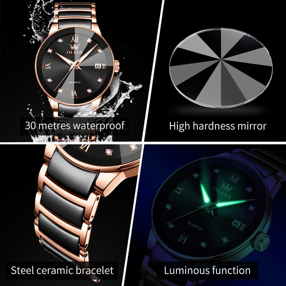 OLEVS 7114 Ceramic Link Watch Couple Date Diamond Accent Quartz Luxury Timepiece for Men and Women