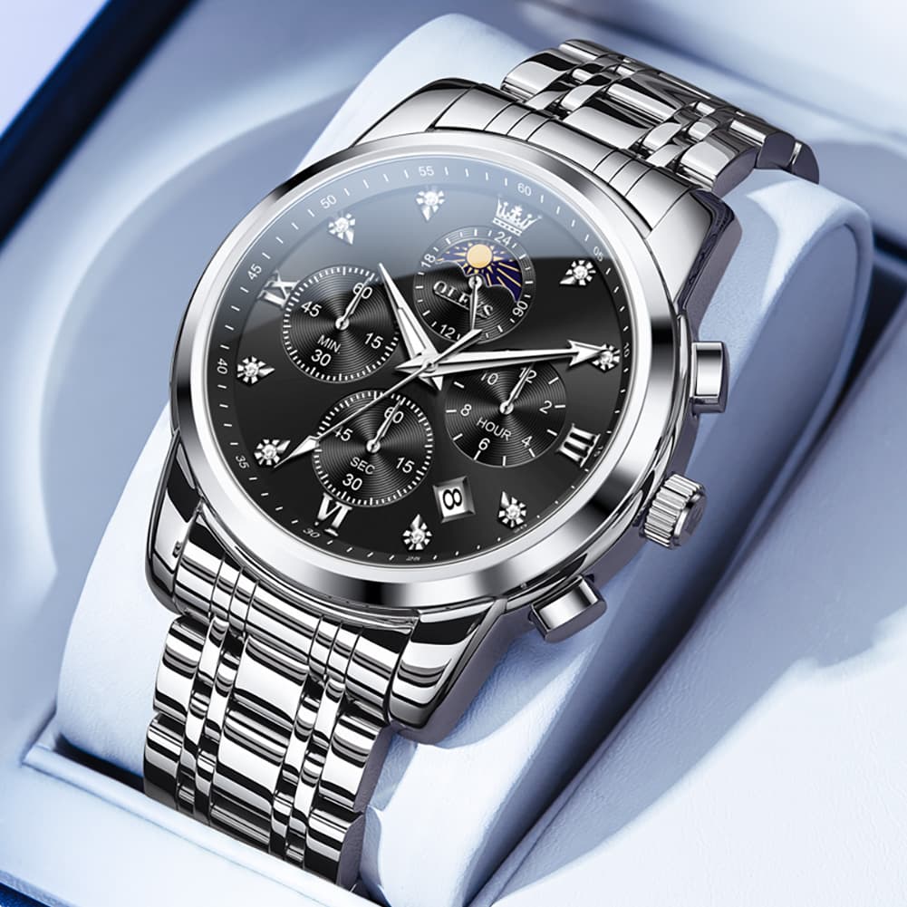 OLEVS 3655 Chronograph Moon Phase Roman Diamond Dial Stainless Steel Watch For Men