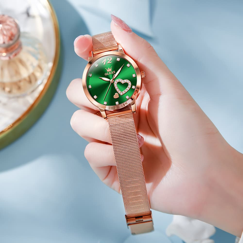 OLEVS 5189 Heart Motif Milanese Mesh Quartz Watch for Women