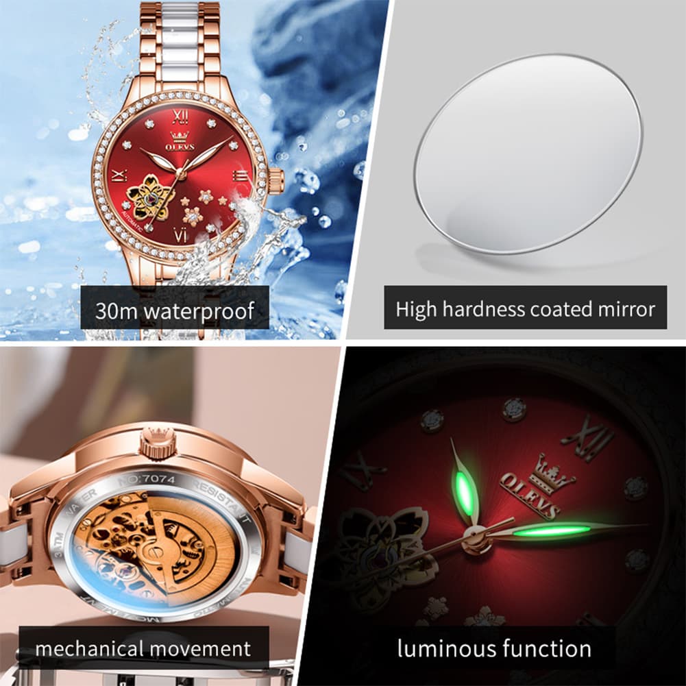 OLEVS 7074 Ceramic Open Heart Automatic Watch For Women