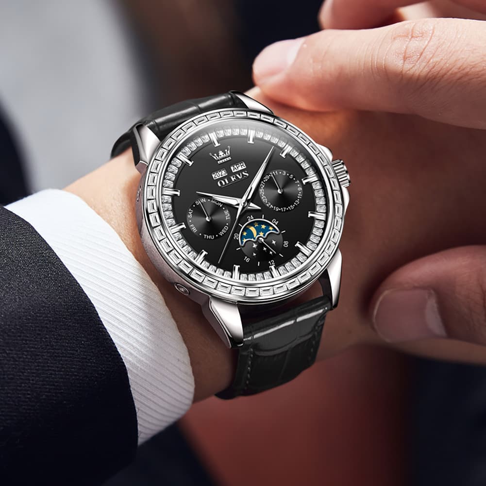 OLEVS 6695P Baguette Diamond Leather Mechanical Watch for Men