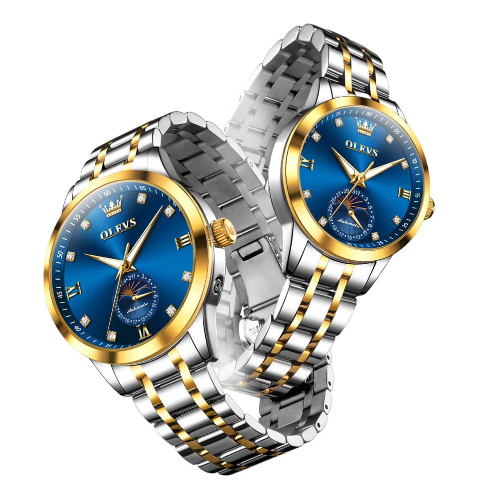 OLEVS 7041 Solid Steel Moon Phase Couples Watch Set