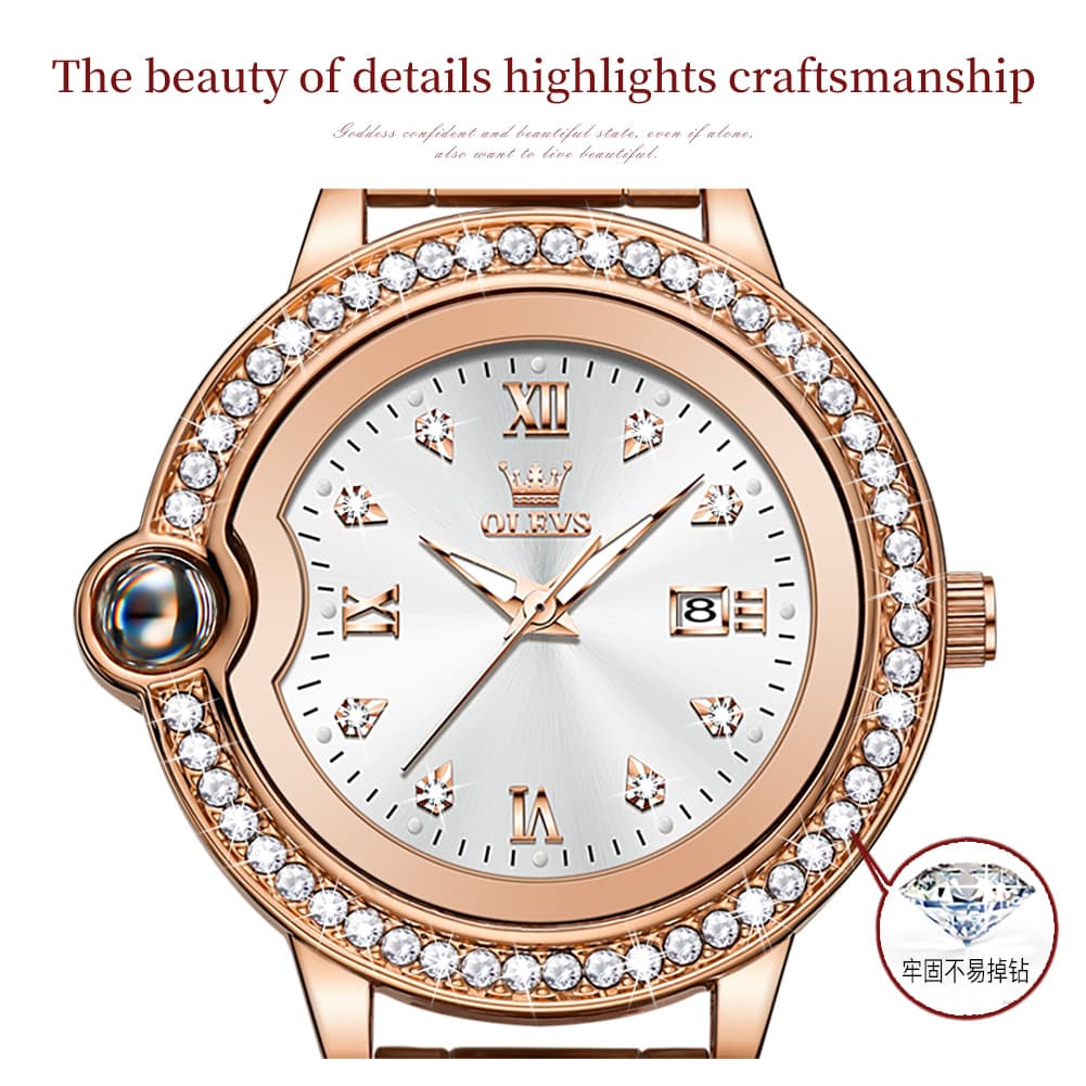 OLEVS Women Diamond Bezel Watch Cabochon Crown Rose Gold Quartz Date 5588