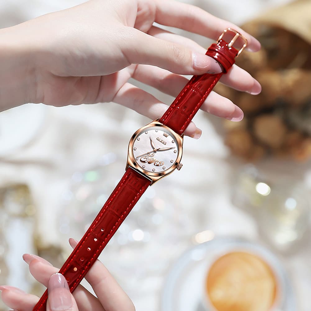OLEVS 5581 Love Motif Diamond Watch Rose Gold Leather Strap Romantic Gift Timepiece for Women