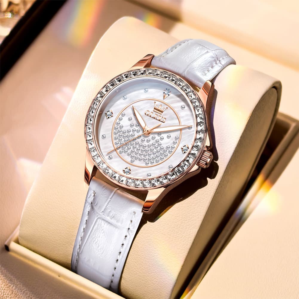 OLEVS 3715 Diamond Mother of Pearl Leather Watch for Women