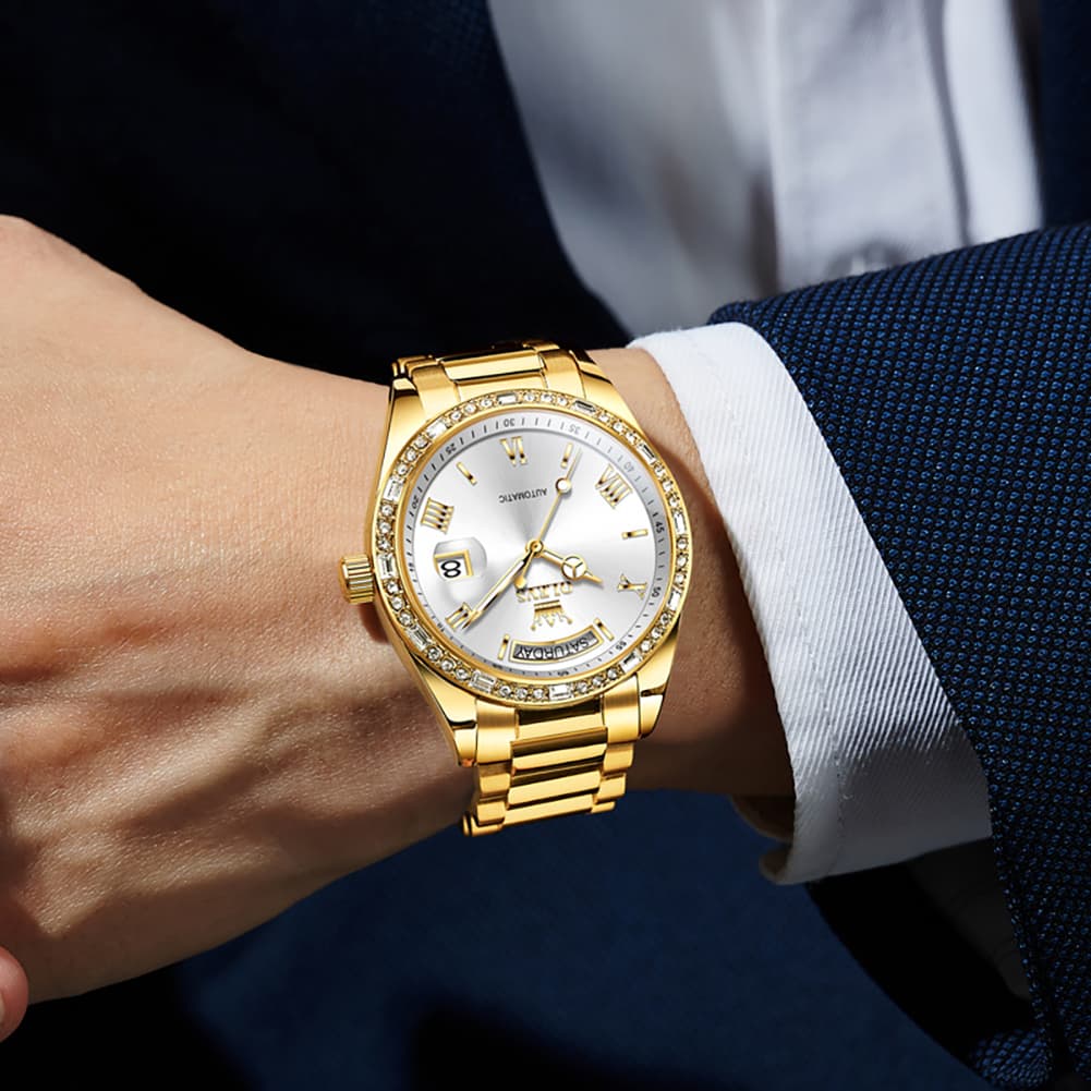 OLEVS 6747 Diamond Bezel Day Date Mechanical Watch for Men