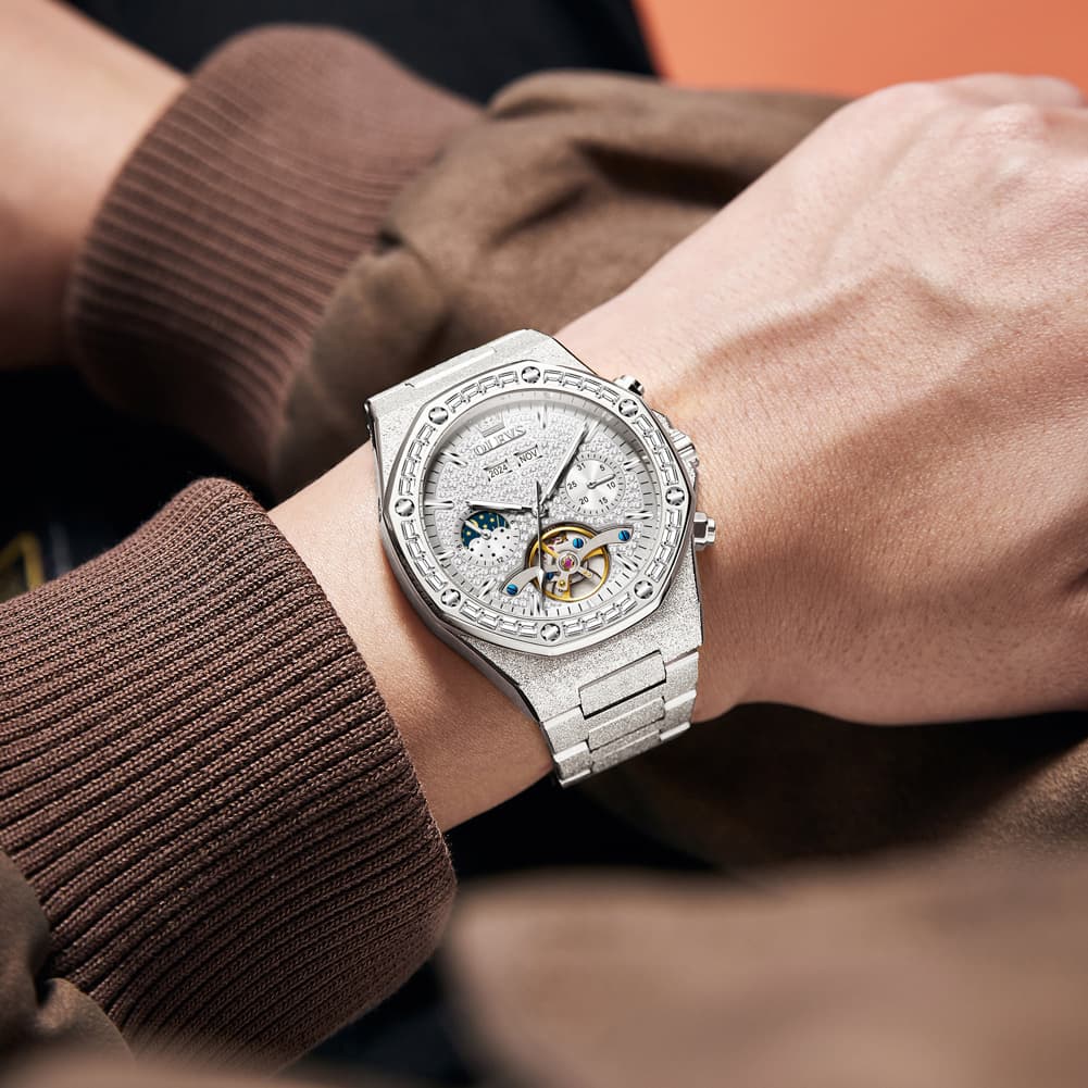 OLEVS Iced Out Moon Phase Skeleton Automatic Watch 9805 Calendar for Men