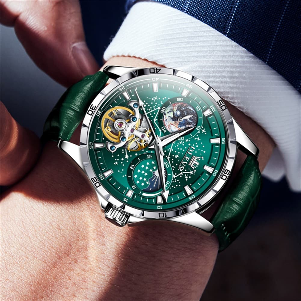 OLEVS 6689 Automatic Skeleton Starry Sky Leather Steel Watch for Men