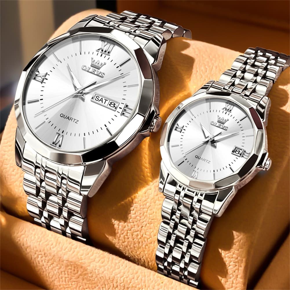 OLEVS 9989 Diamond Cut Glass Couple Dress Watch for Men and Women