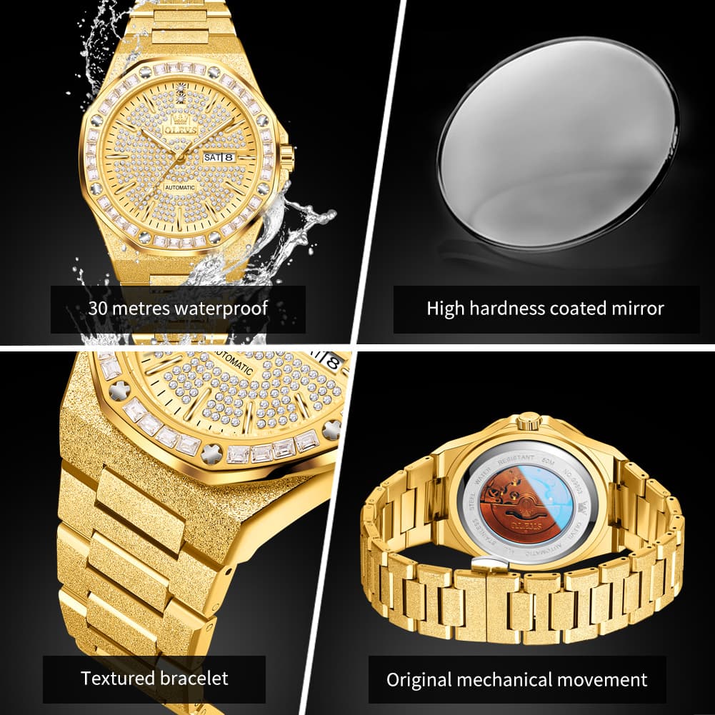 OLEVS Iced Out Diamond Octagonal Automatic Mechanical Watch 9803 for Men