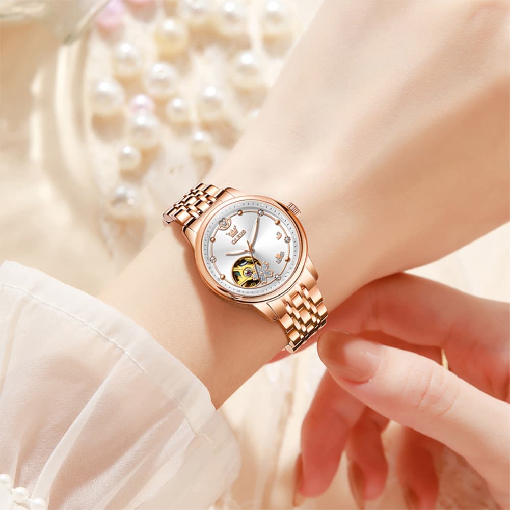 OLEVS 6732 Automatic Open Heart Diamond Watch For Women