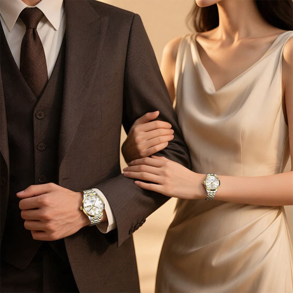 OLEVS Couple Watches Diamond Dial Automatic Mechanical Watch 9946 Steel Band for His and Hers