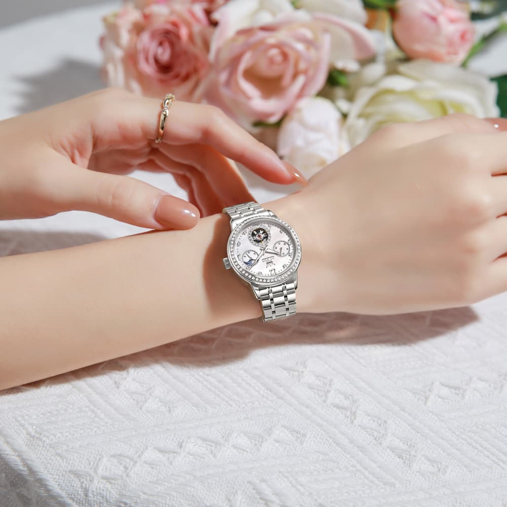 OLEVS 6750 Diamond Bezel Skeleton Mechanical Watch for Women