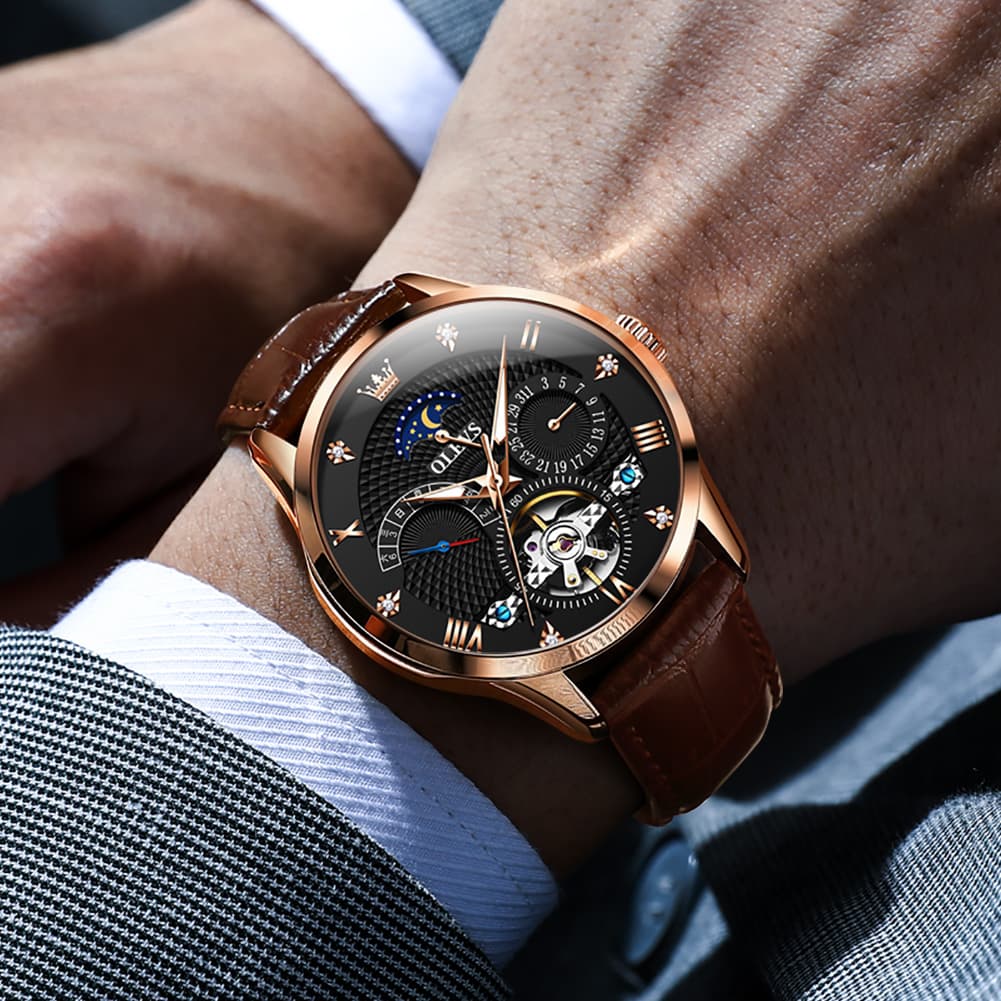 OLEVS 6652 Leather Mechanical Moon Phase Watch for Men
