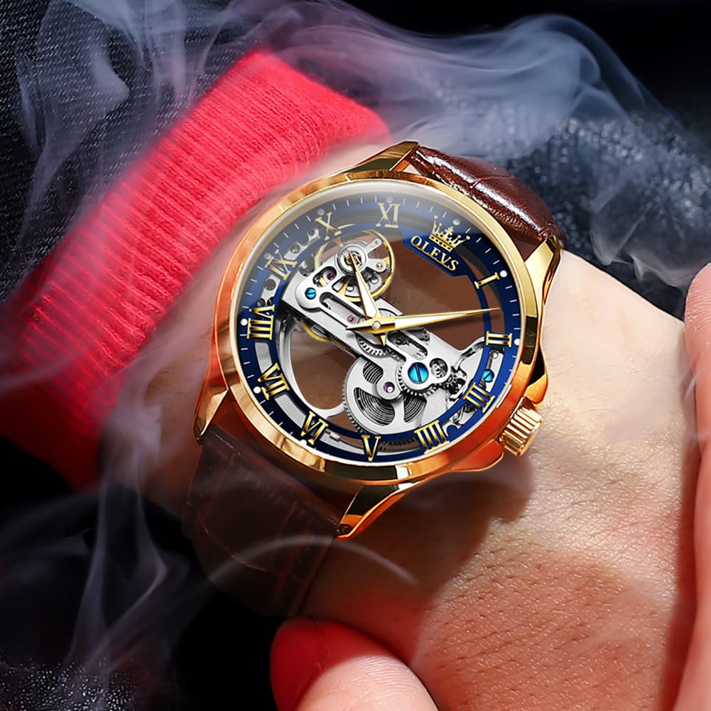 OLEVS 6661 Leather Skeleton Mechanical Watch for Men