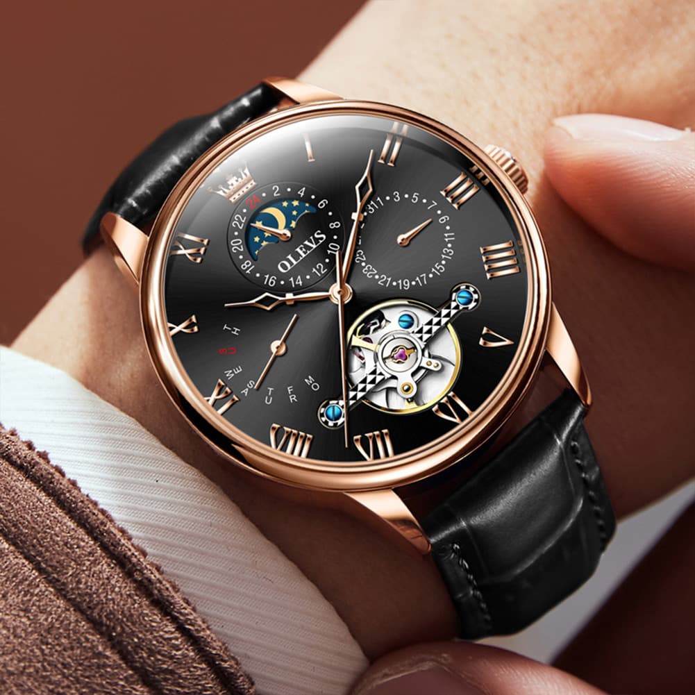 OLEVS 7009 Sun and Moon Skeleton Mechanical Watch for Men