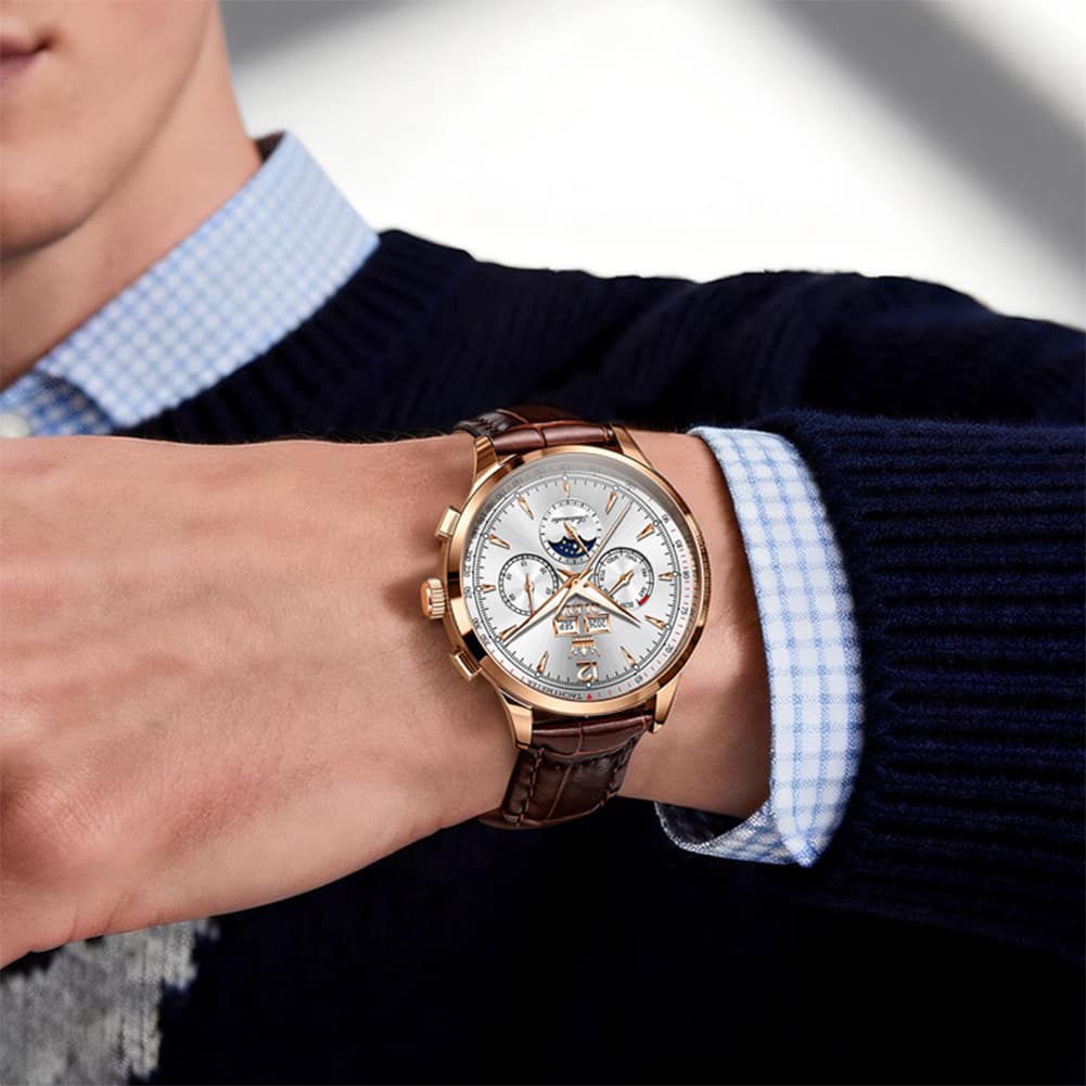 OLEVS Moon Phase Automatic Mechanical Watch 7128 Leather Strap for Men