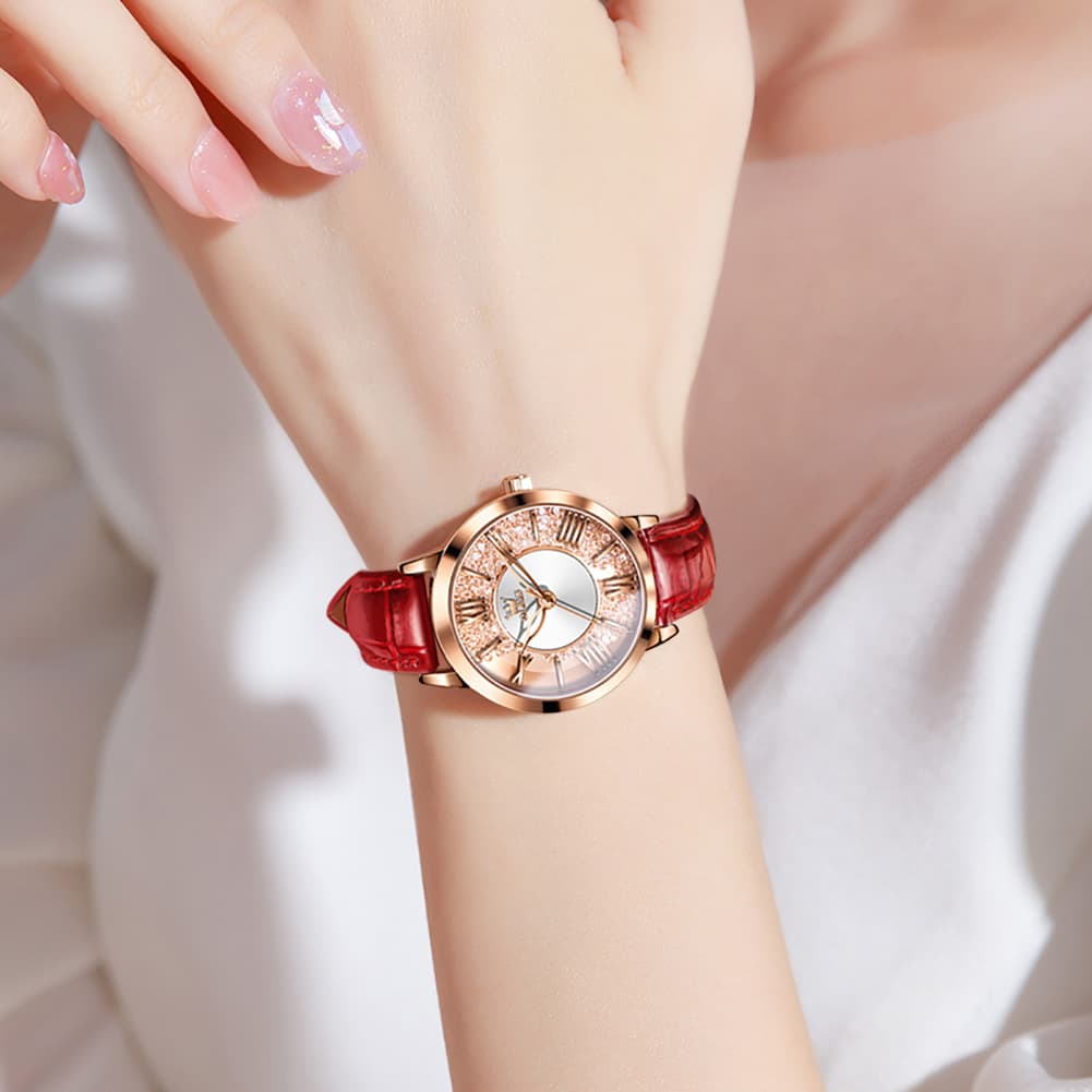 OLEVS Flowing Quicksand Crystal Dress Watch for Women Leather Strap 5539