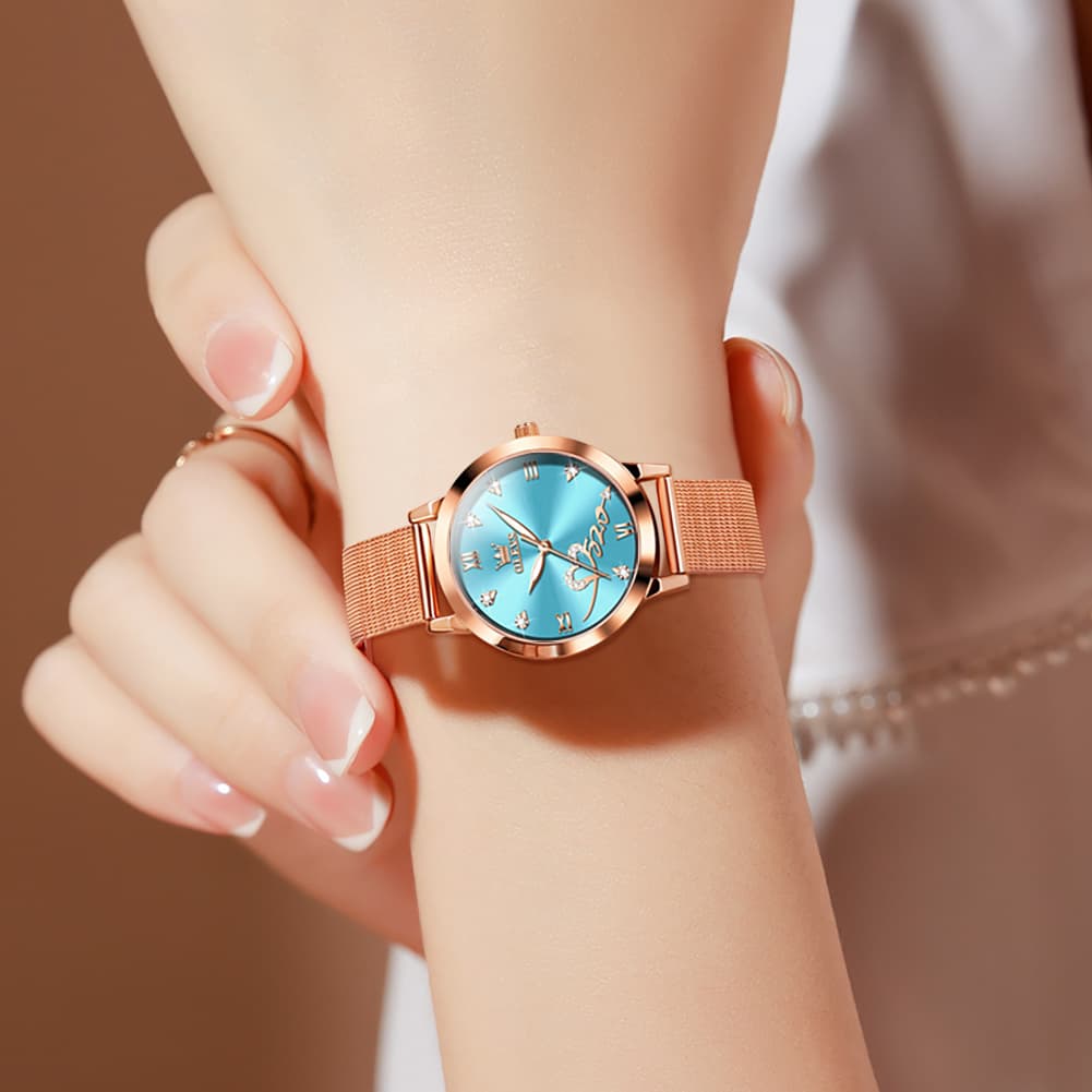 OLEVS Romantic Heart Crystal Dress Watch for Women Rose Gold Milanese Mesh 5530