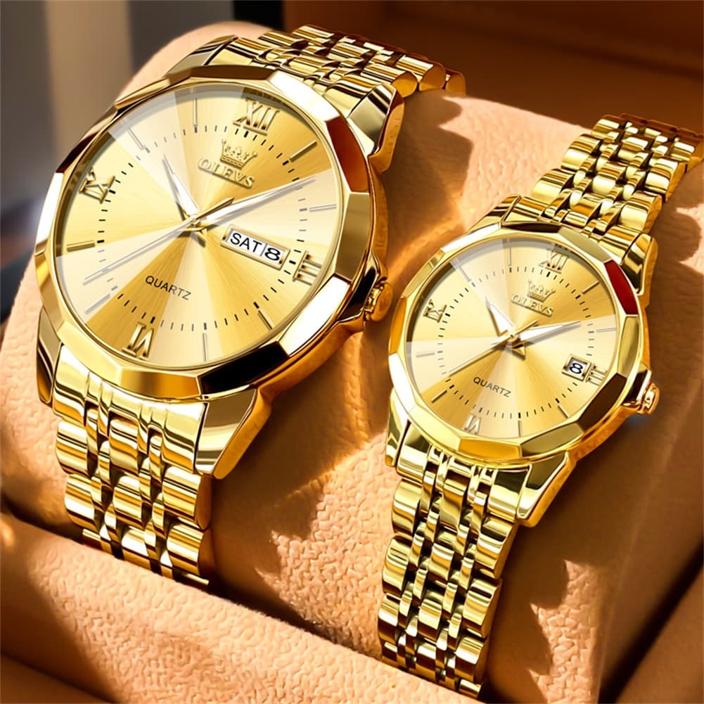 OLEVS 9989 Diamond Cut Glass Couple Dress Watch for Men and Women