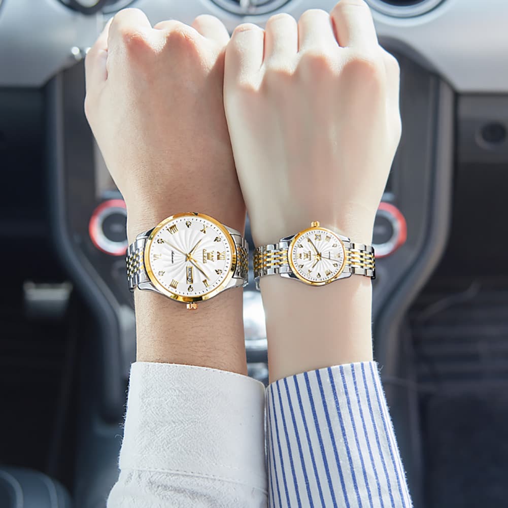 OLEVS 6630 Sunburst Mechanical Couple Watches Set