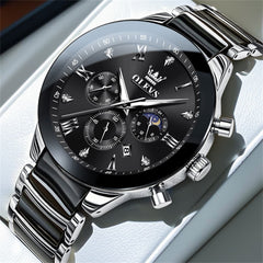 OLEVS 7004 Moon Phase Chronograph Watch Ceramic Link Bracelet Quartz Luxury Timepiece for Men