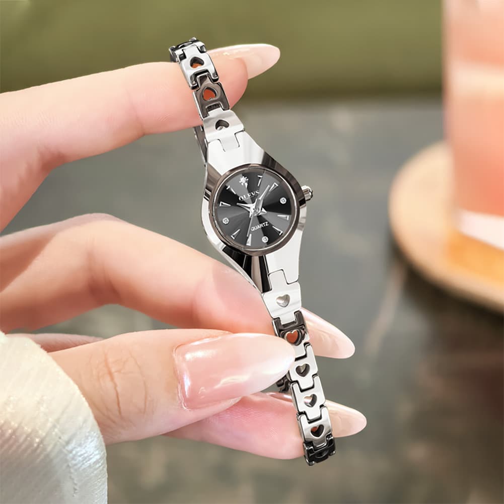 OLEVS 7082 Tungsten Steel Watch Dainty Heart Link Faceted Bracelet Diamond Accent Quartz Timepiece for Women