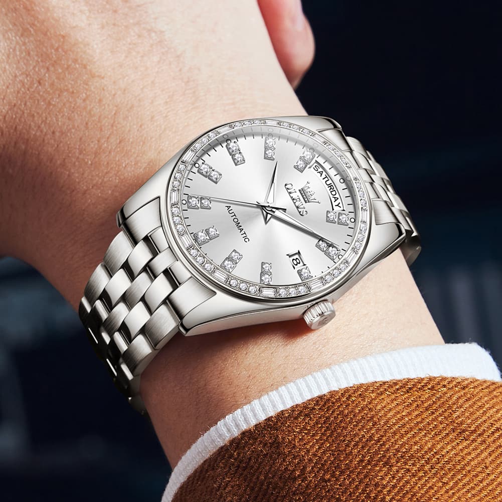 OLEVS Diamond Bezel Day Date Automatic Mechanical Watch 9802 for Men