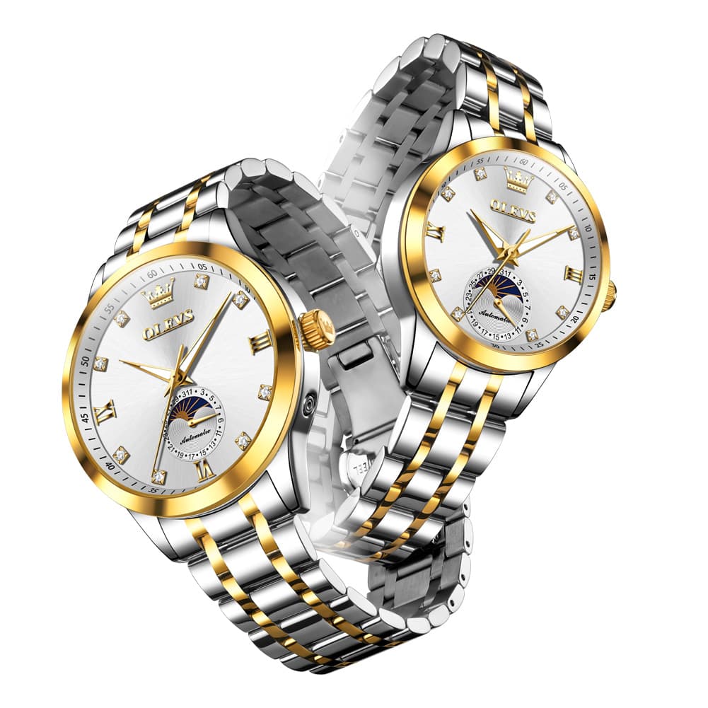 OLEVS 7041 Solid Steel Moon Phase Couples Watch Set