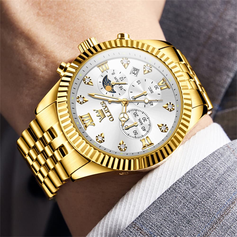 OLEVS 2932 Luxury Gold Fluted Bezel Quartz Watch for Men
