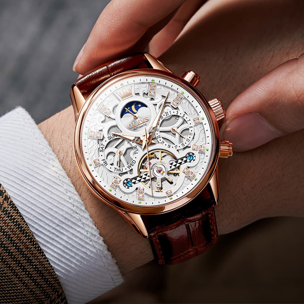 OLEVS 6658 Leather Skeleton Moon Phase Watch for Men