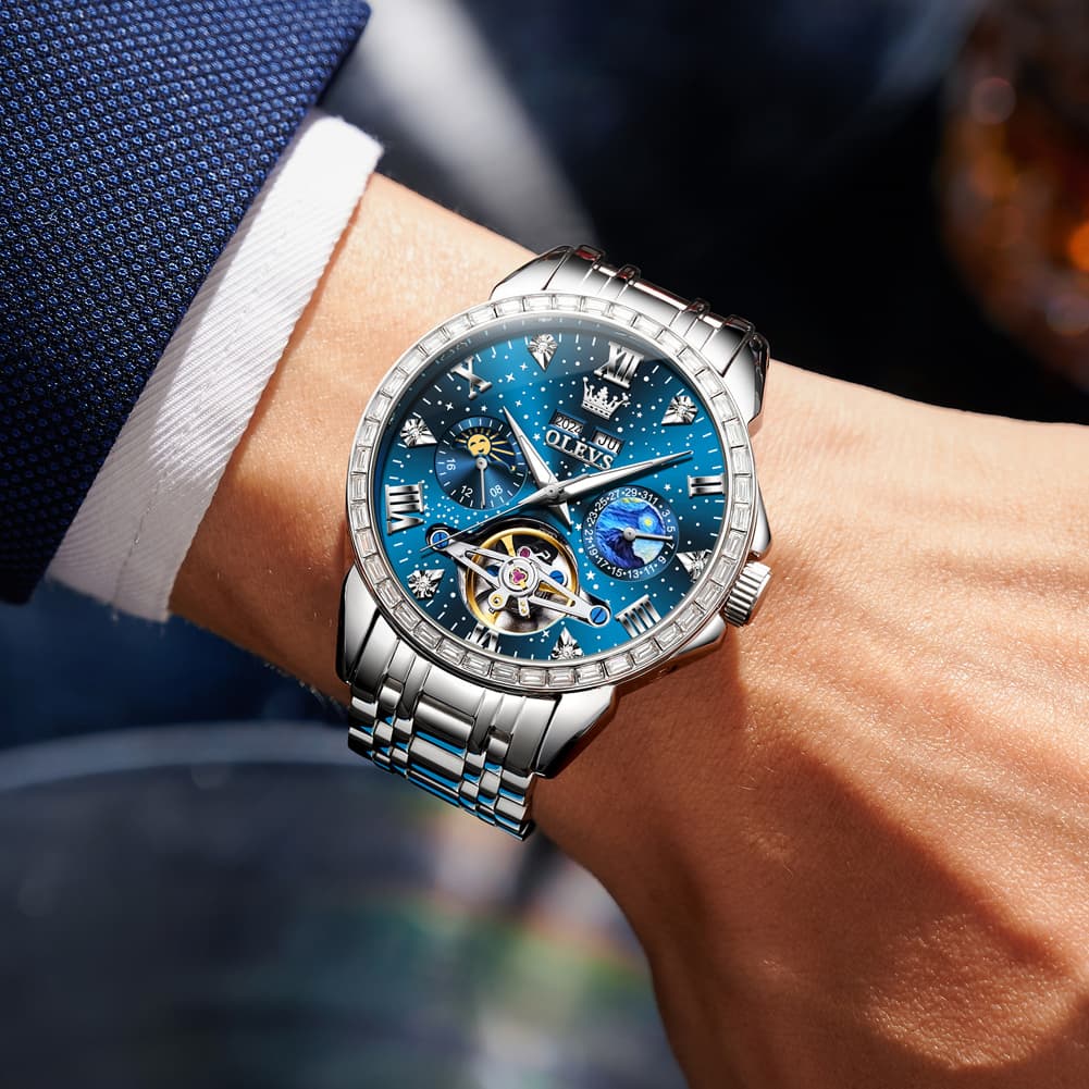 OLEVS 6712 Diamond Bezel Starry Moon Phase Calendar Mechanical Watch For Men