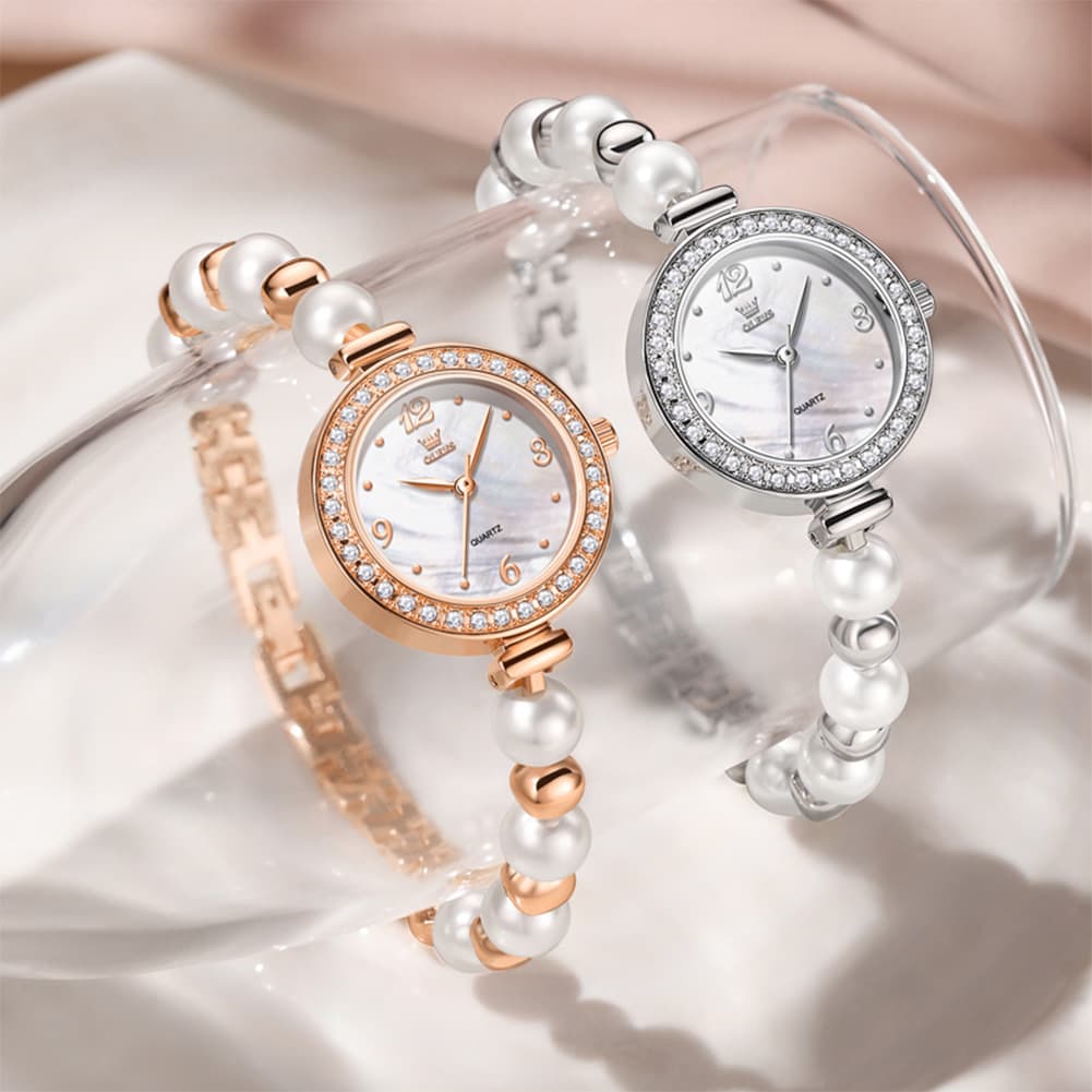 OLEVS Women Pearl Bracelet Watch Diamond Bezel Mother of Pearl Quartz 5640