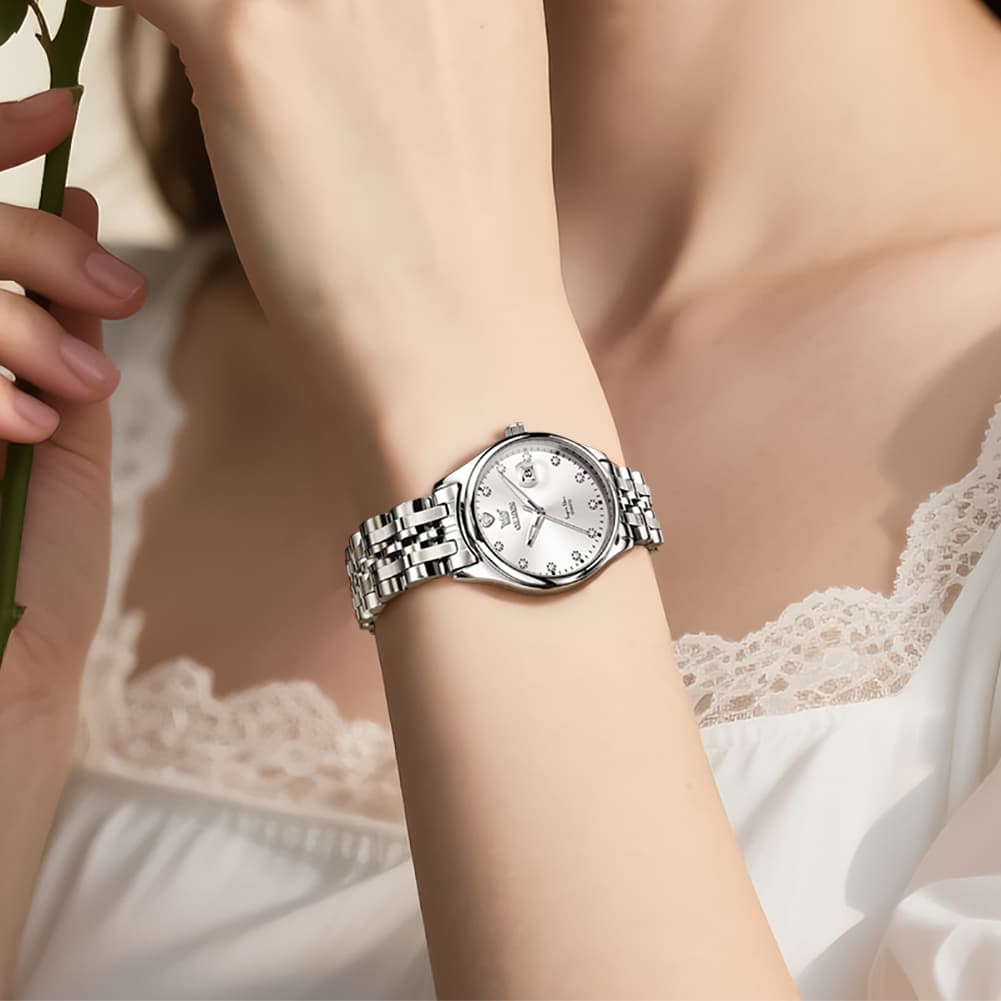 OLEVS 5649 Diamond Starry Dial Quartz Watch Calendar Stainless Steel Bracelet Timeless Timepiece for Women