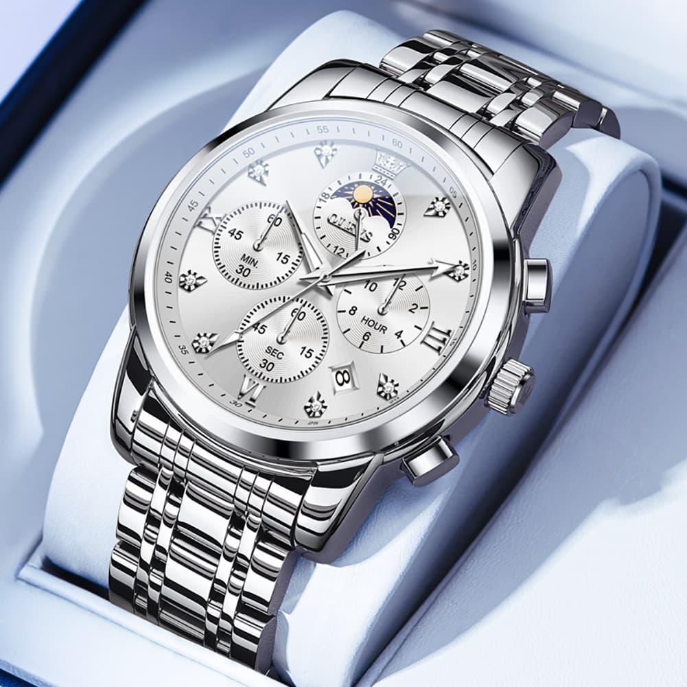 OLEVS 3655 Chronograph Moon Phase Roman Diamond Dial Stainless Steel Watch For Men