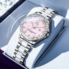 OLEVS 3651 Mother of Pearl Ceramic Crystal Diamond Watch For Women