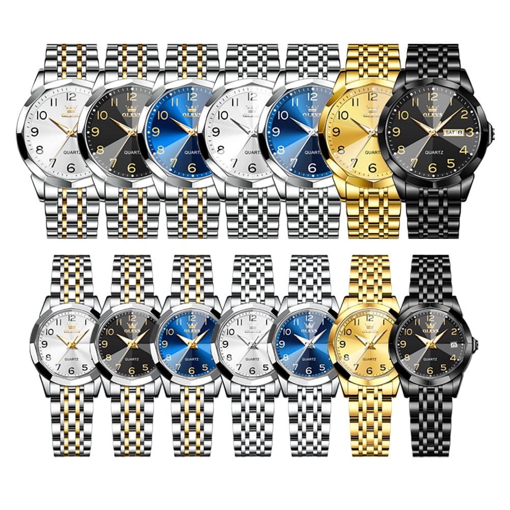 OLEVS 9970Q 3D Faceted Glass His and Hers Couple Watch Set