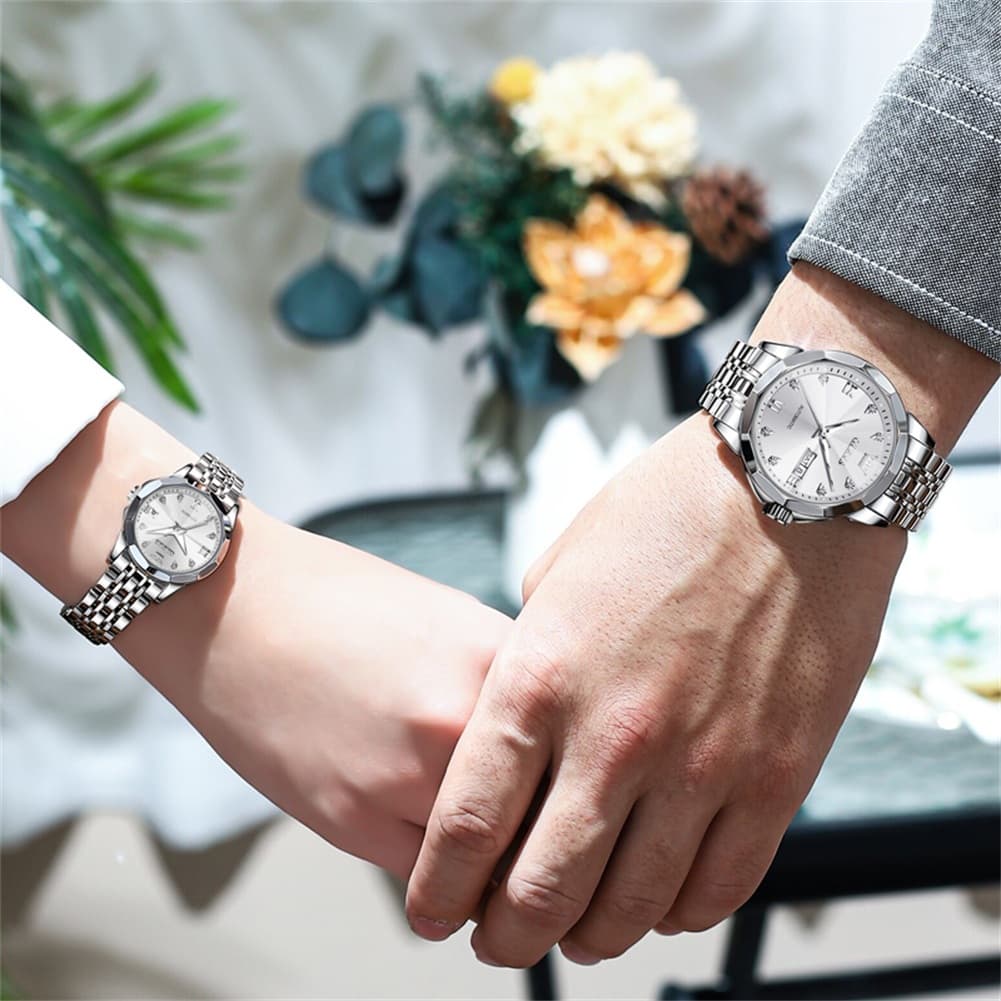 OLEVS Couple Watches 3D Diamond Cut Mirror Automatic Watch 9982 Steel Band for His and Hers