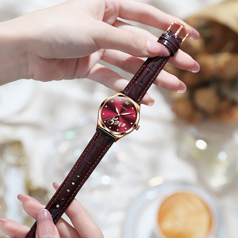 OLEVS 5581 Love Motif Diamond Watch Rose Gold Leather Strap Romantic Gift Timepiece for Women