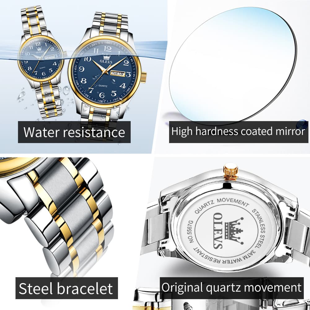 OLEVS Men and Women Couple Watch Stainless Steel Quartz Day Date Arabic Numerals 5567