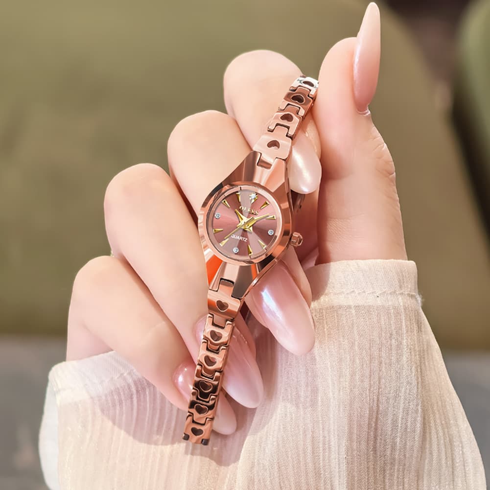 OLEVS 7082 Tungsten Steel Watch Dainty Heart Link Faceted Bracelet Diamond Accent Quartz Timepiece for Women