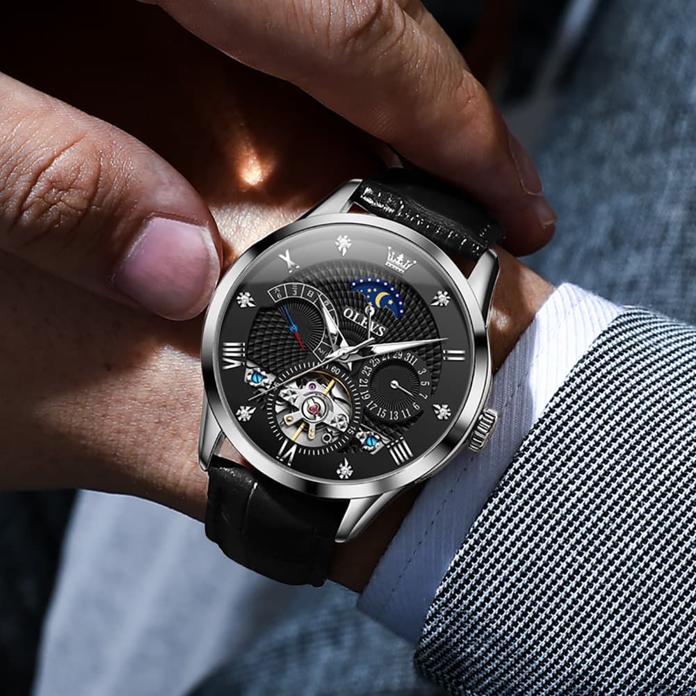OLEVS 6652 Leather Mechanical Moon Phase Watch for Men