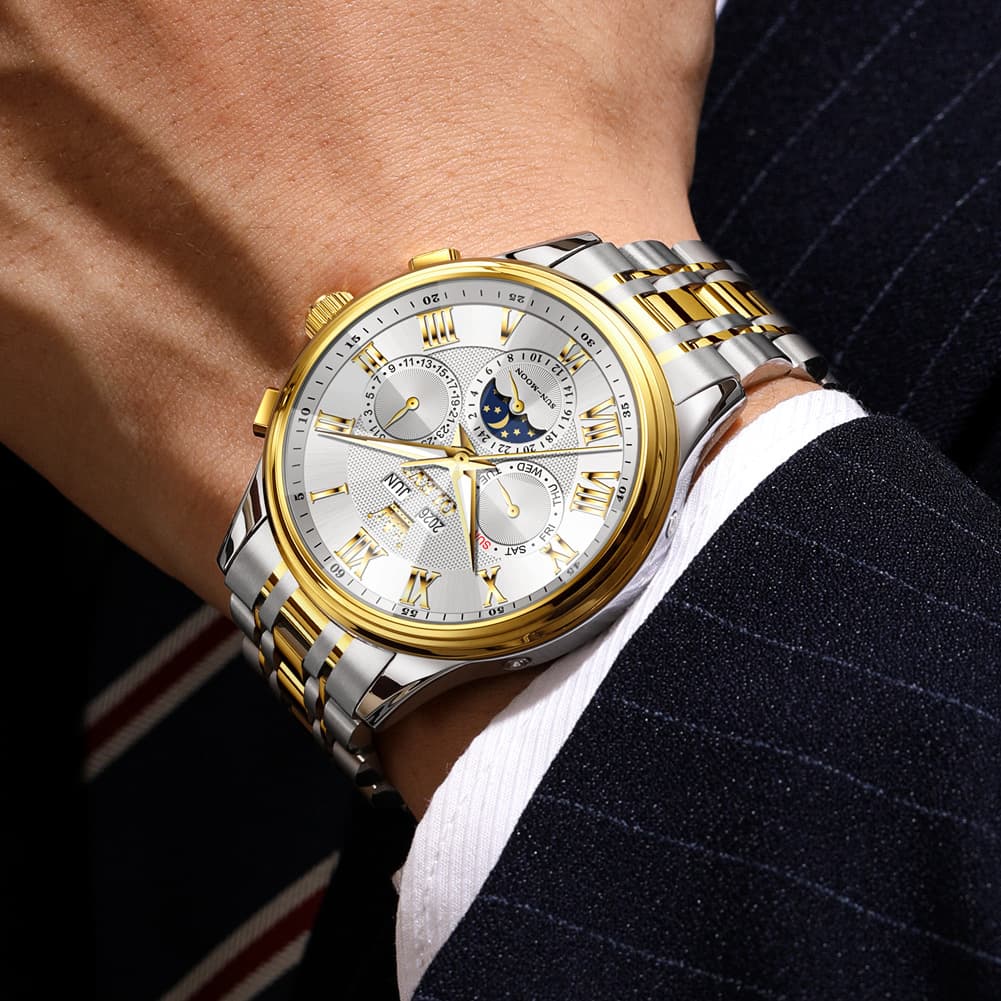 OLEVS 7113 Diamond Cut Glass Moon Phase Automatic Mechanical Watch for Men