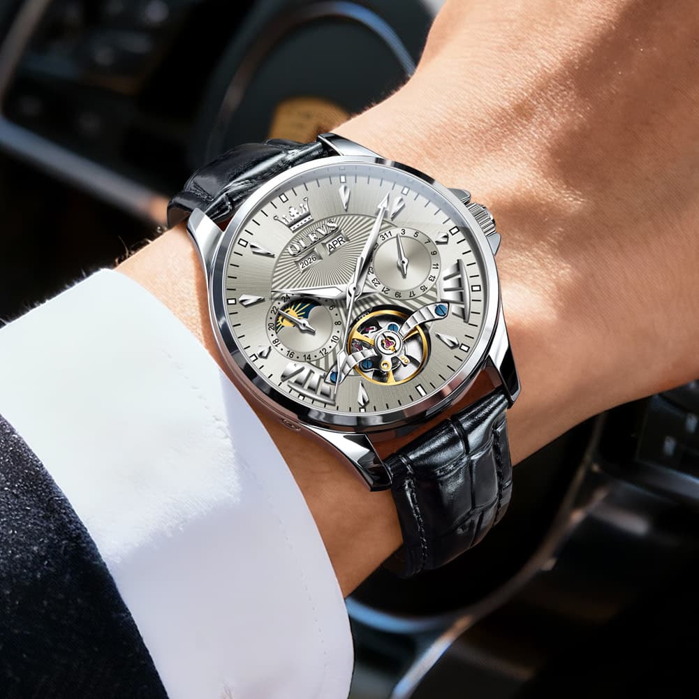 OLEVS 7103 Open Heart Leather Automatic Watch For Men