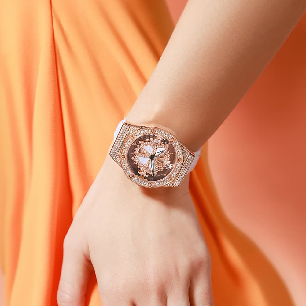OLEVS 9996 Rotatable Diamond Bezel Leather Watch for Women