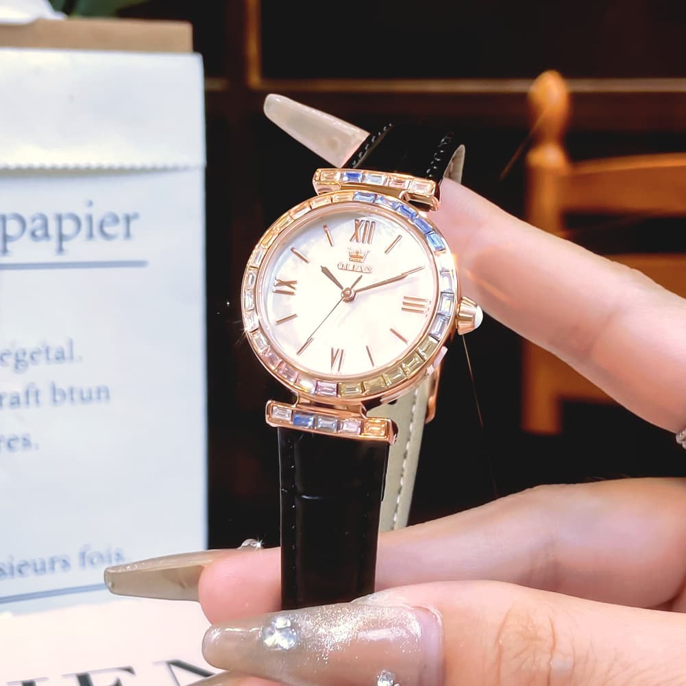 OLEVS 9007 Rainbow Bezel Mother of Pearl Leather Quartz Watch for Women